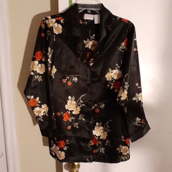 Adonna Other - adonna kimono pajama top. short black floral satin robe xs bathrobe